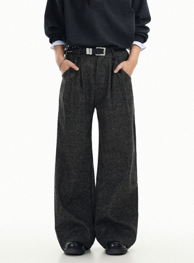 GCINIM401老钱风毛呢打褶阔腿裤男女宽松直筒休闲长裤灰色褶皱