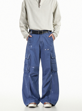 GCINIM401美式工装风破洞阔腿裤男女宽松百搭蓝色多口袋休闲裤