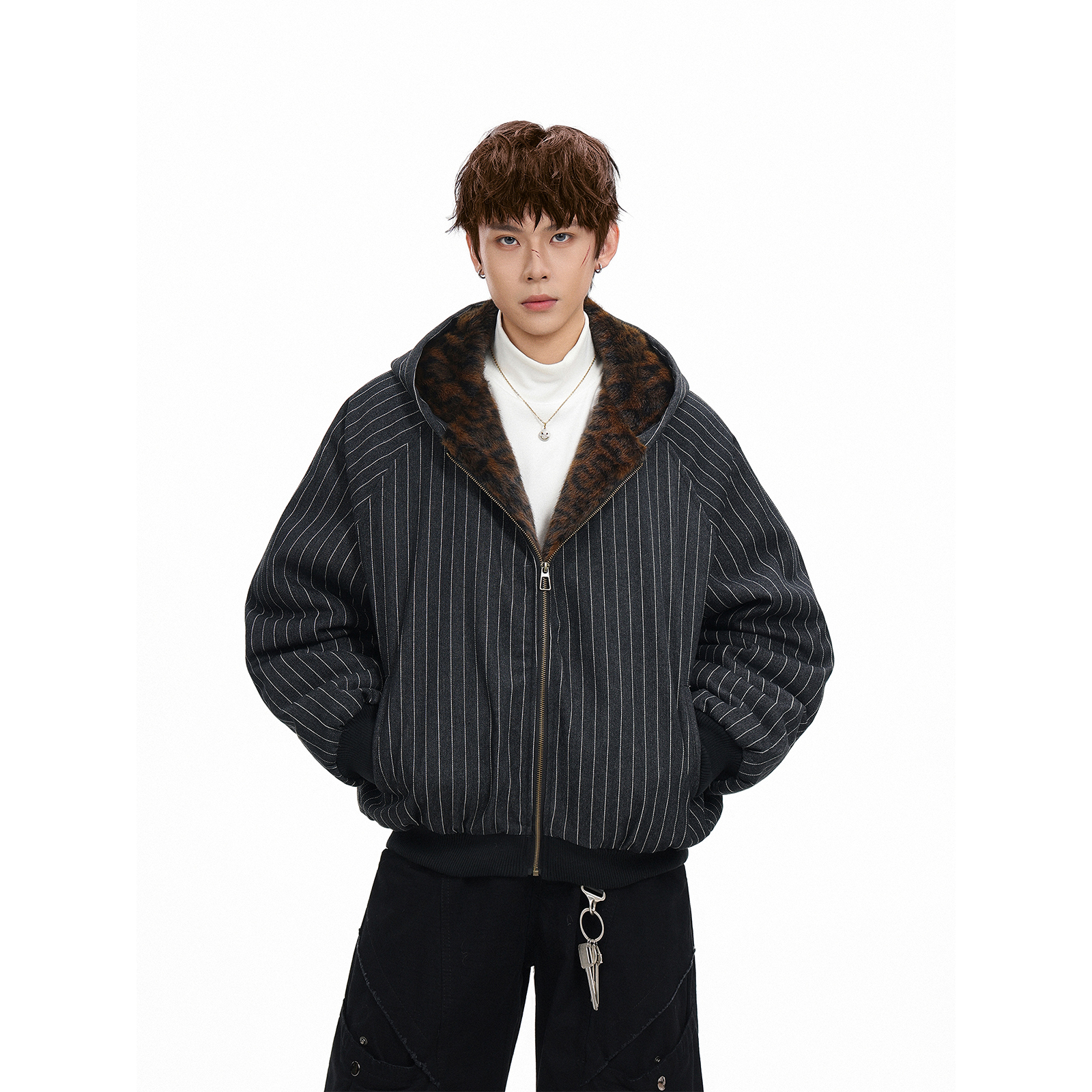 GCINIM401美式复古条纹连帽棉衣男女冬季保暖宽松豹纹毛领外套