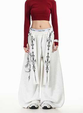 GCINIM401街头风印花绑带卫裤女高腰宽松阔腿裤浅灰色长裤潮牌