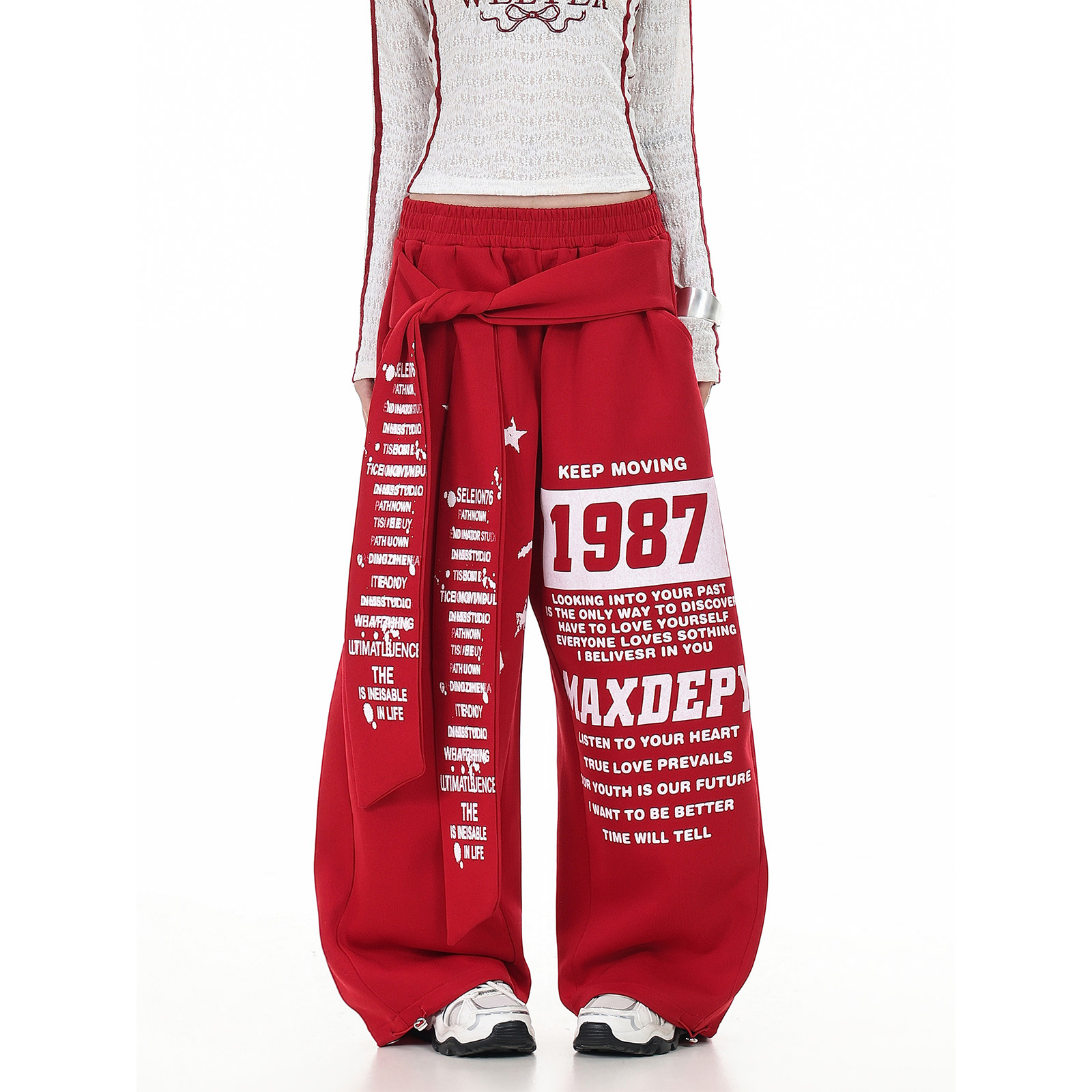 GCINIM401美式街头风字母印花绑带卫裤女宽松阔腿裤红色长裤潮,女装/女士精品,卫裤,淘宝优惠券,粉丝福利购,淘宝优惠卷