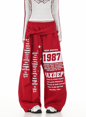 GCINIM401美式街头风字母印花绑带卫裤女宽松阔腿裤红色长裤潮