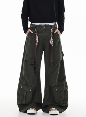 GCINIM401复古工装风多口袋阔腿裤男女宽松水洗弯刀长裤军绿色