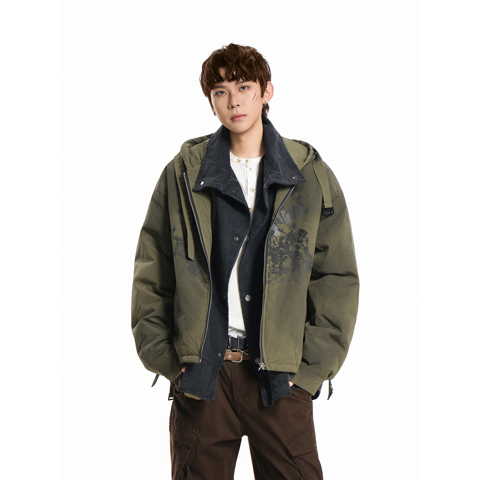 GCINIM401美式复古假两件连帽棉衣男女潮牌宽松休闲保暖棉服外套