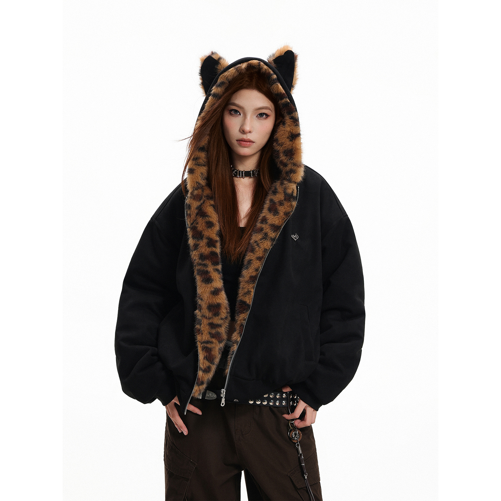 GCINIM401美式复古豹纹毛领连帽棉衣男女冬季宽松加厚情侣外套