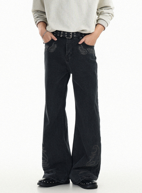 GCINIM401美式复古风黑色刺绣牛仔裤男微喇直筒长裤cleanfit宽松