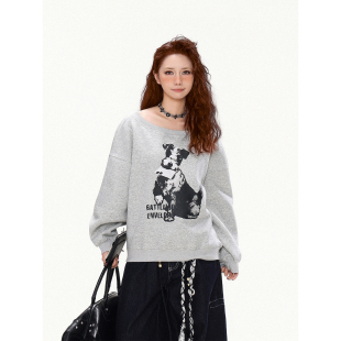 GCINIM401美式 街头可爱小狗印花斜肩卫衣女宽松休闲慵懒风上衣