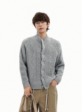 GCINIM401美式复古麻花纹立领开衫毛衣灰色老钱风松弛感针织外套