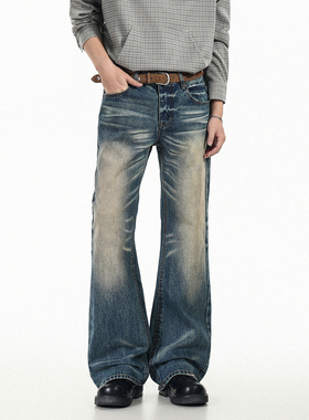 GCINIM401美式复古水洗做旧蓝色微喇牛仔裤男女休闲直筒显瘦长裤