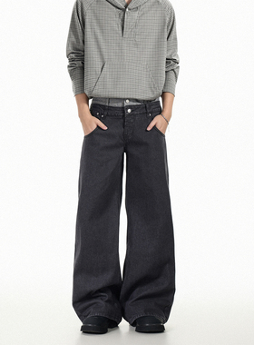 GCINIM401复古设计假两件双腰头宽松水洗黑色阔腿牛仔男直筒长裤