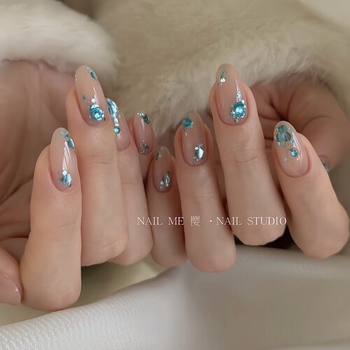 柒贰零Nail 新款显白孔雀绿亮片湖蓝裸色品质纯手工穿戴甲高级感