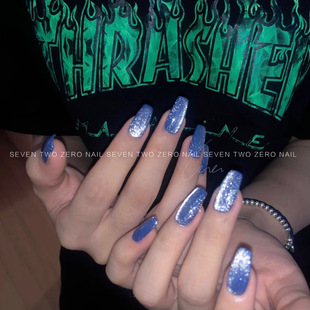 光疗手工穿戴甲可拆卸假指甲 巨显白闪亮 柒贰零Nail 蓝晶石猫眼