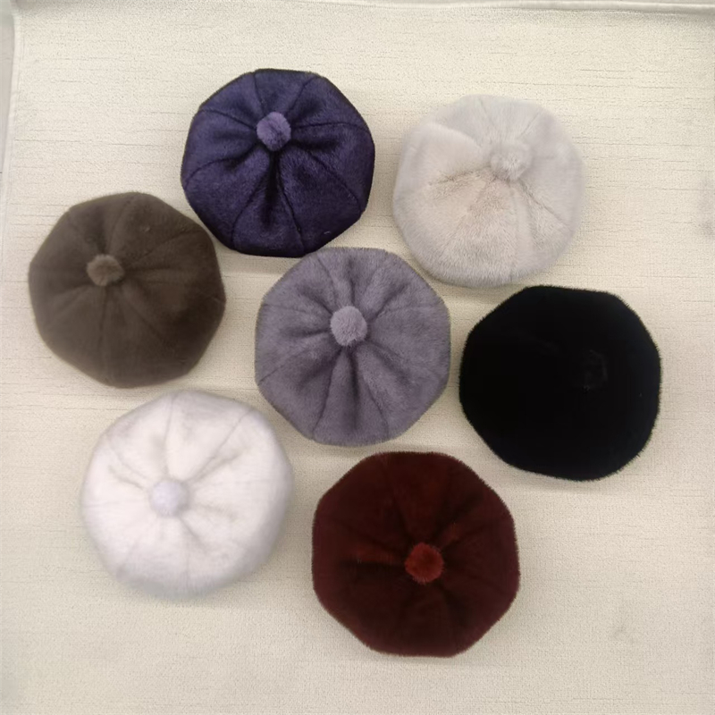 水貂毛贝雷帽秋冬八角帽南瓜帽仿皮草女士百搭显脸小潮流毛绒帽子