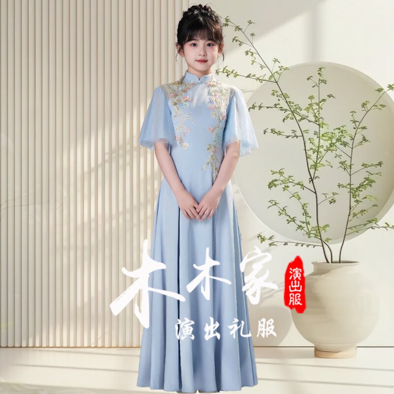 定制国风儿童古筝演出服中式古风旗袍领乐器琵琶二胡演奏礼服长裙