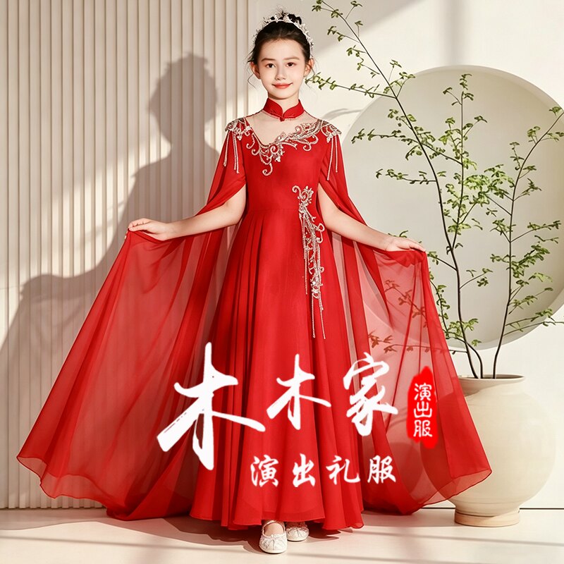 中国风儿童乐器古筝表演服装女大童民乐演出服演奏合唱红色礼服裙