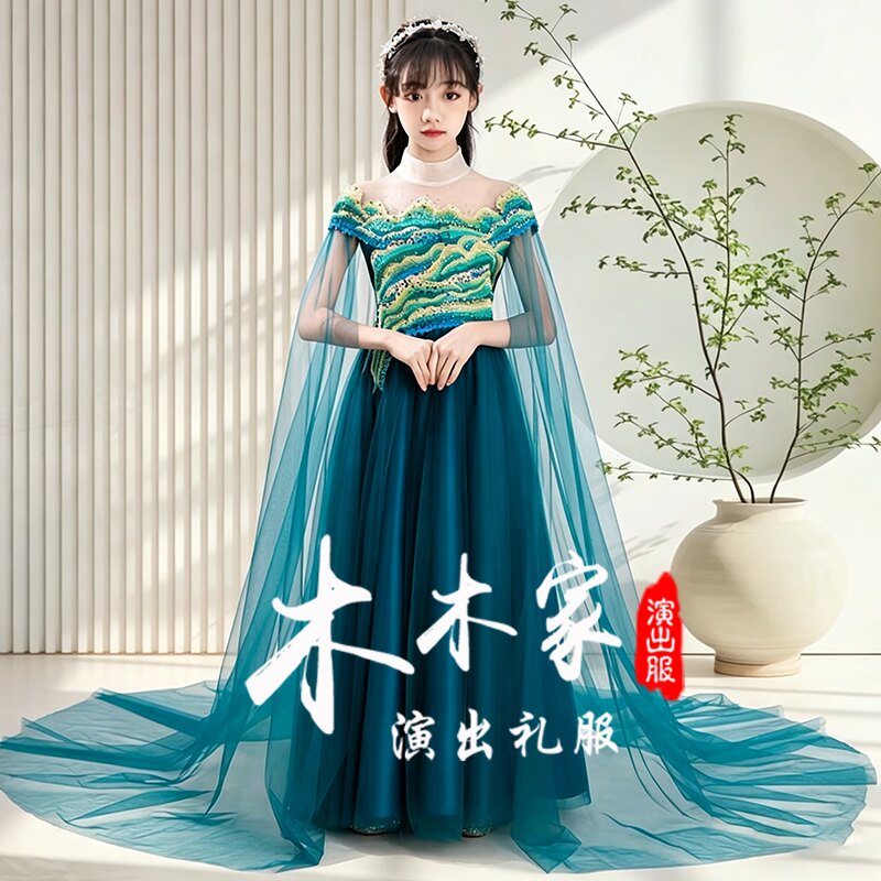 高端中大童女童弹古筝演出服国风艺考民乐演奏千里江山青绿色礼服