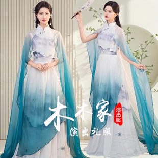 新款学生艺考古筝演出服民乐独奏礼服合唱服中式国风水墨表演长裙