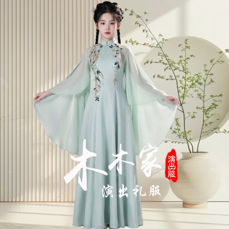 定制女童中式古筝演出服儿童古风旗袍领高端乐器琵琶演奏考级礼服