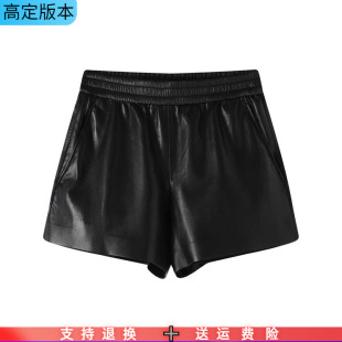 女 高端定制2025秋松紧腰复古高腰阔腿黑色宽松显瘦PU皮休闲短裤
