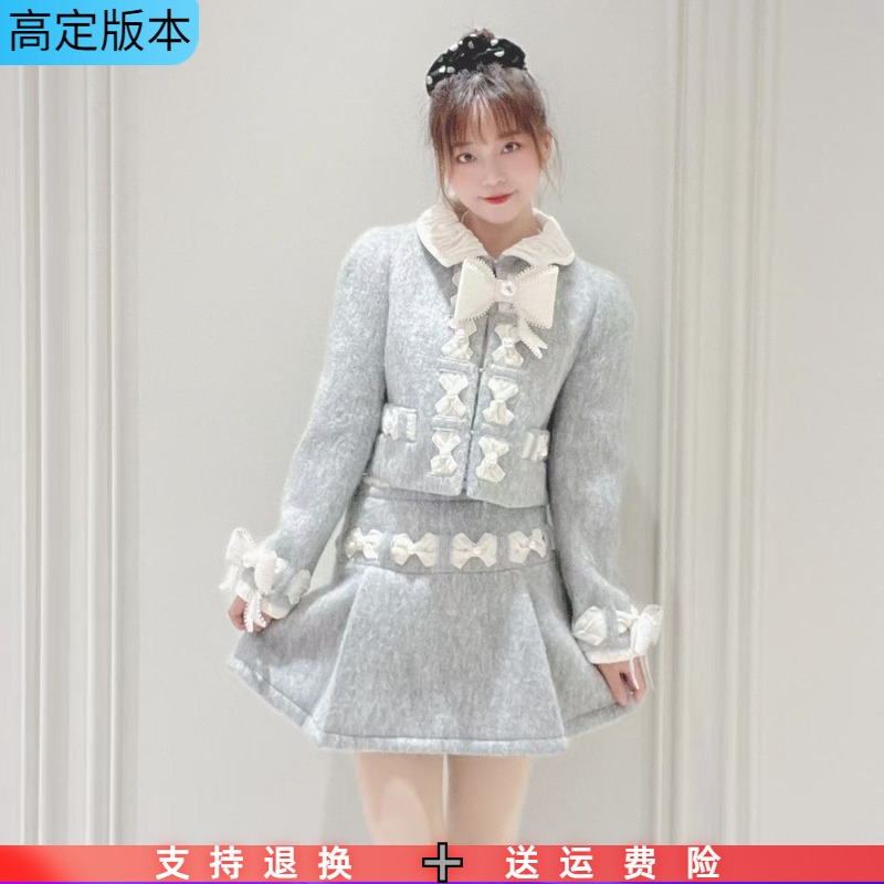 2025冬新款翻领蝴蝶结装饰休闲百搭毛呢撞色短款外套上衣女潮