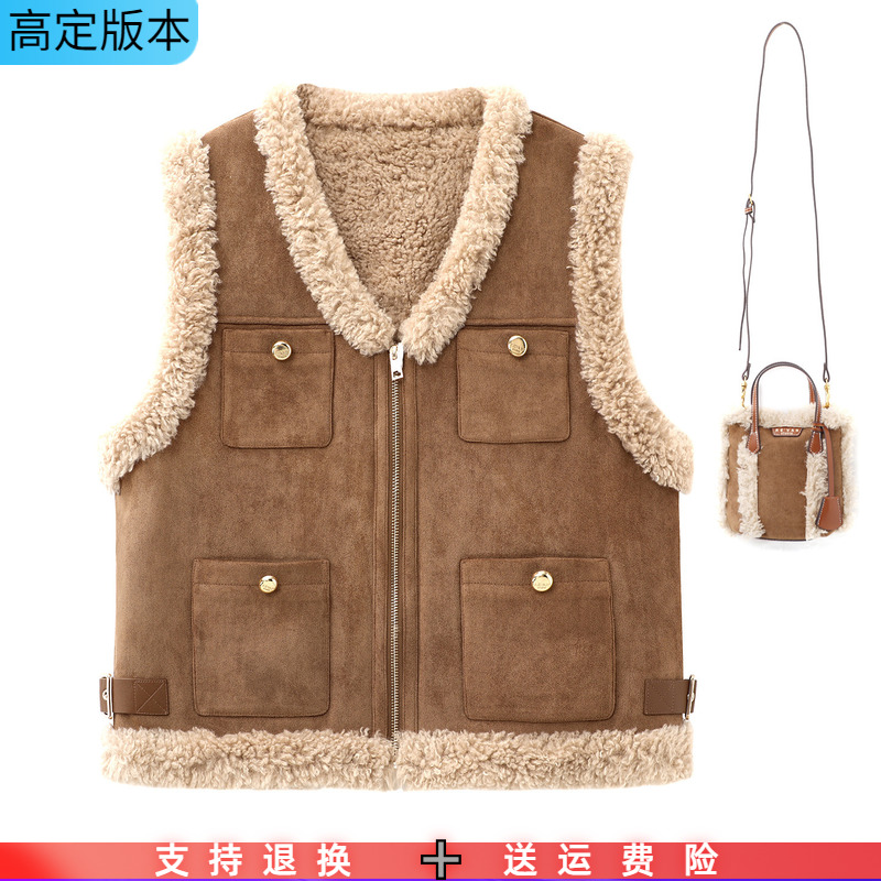 2025冬新品V领拉链宽松显瘦毛绒手提包反毛皮无袖马甲上衣女