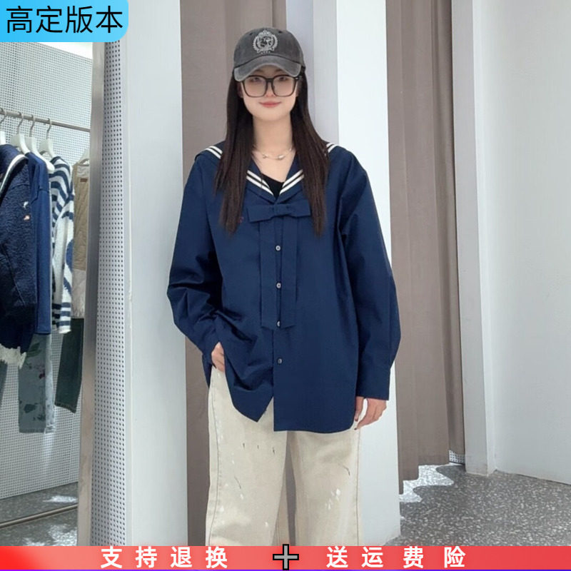 2026春季新款海军领单排扣蝴蝶结装饰学院风樱桃刺绣长袖衬衫