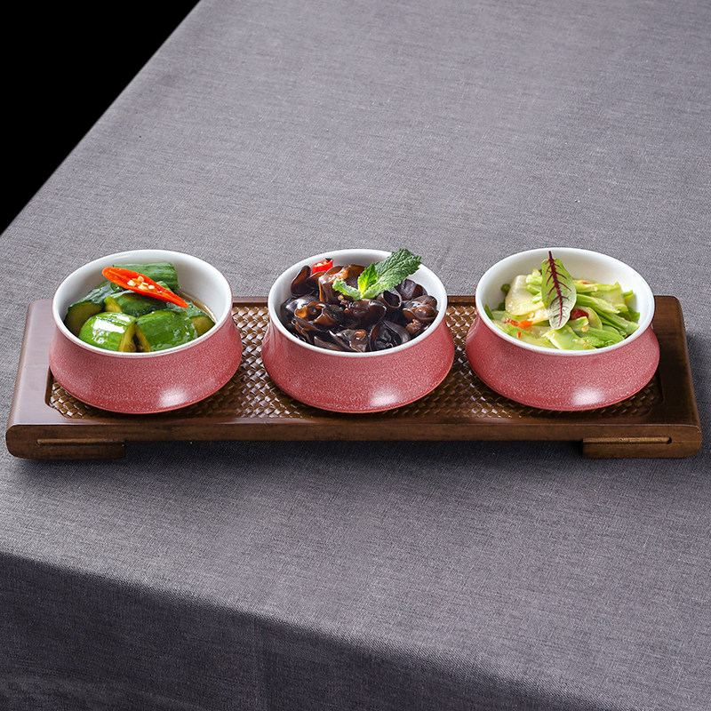 中式竹席纹重竹长方板双拼三连凉菜小吃碟托餐厅调味品格碟带孔盘