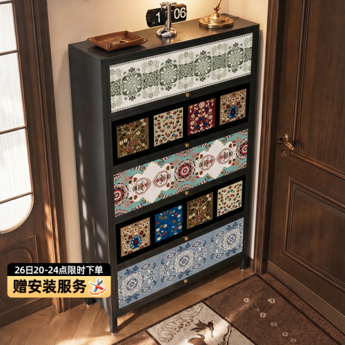新款中古风钢制鞋柜家用门口走廊玄关入户大容量储物柜一体靠墙