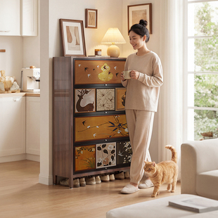 钢制鞋柜家用门口入户中古风走廊用玄关储物大容量实木纹理上翻门