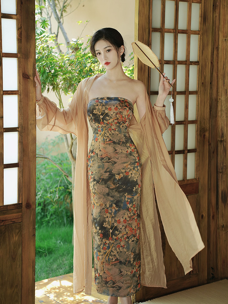 新中式国风禅意香云缎抹胸旗袍连衣裙女搭披肩开衫春夏新款套装