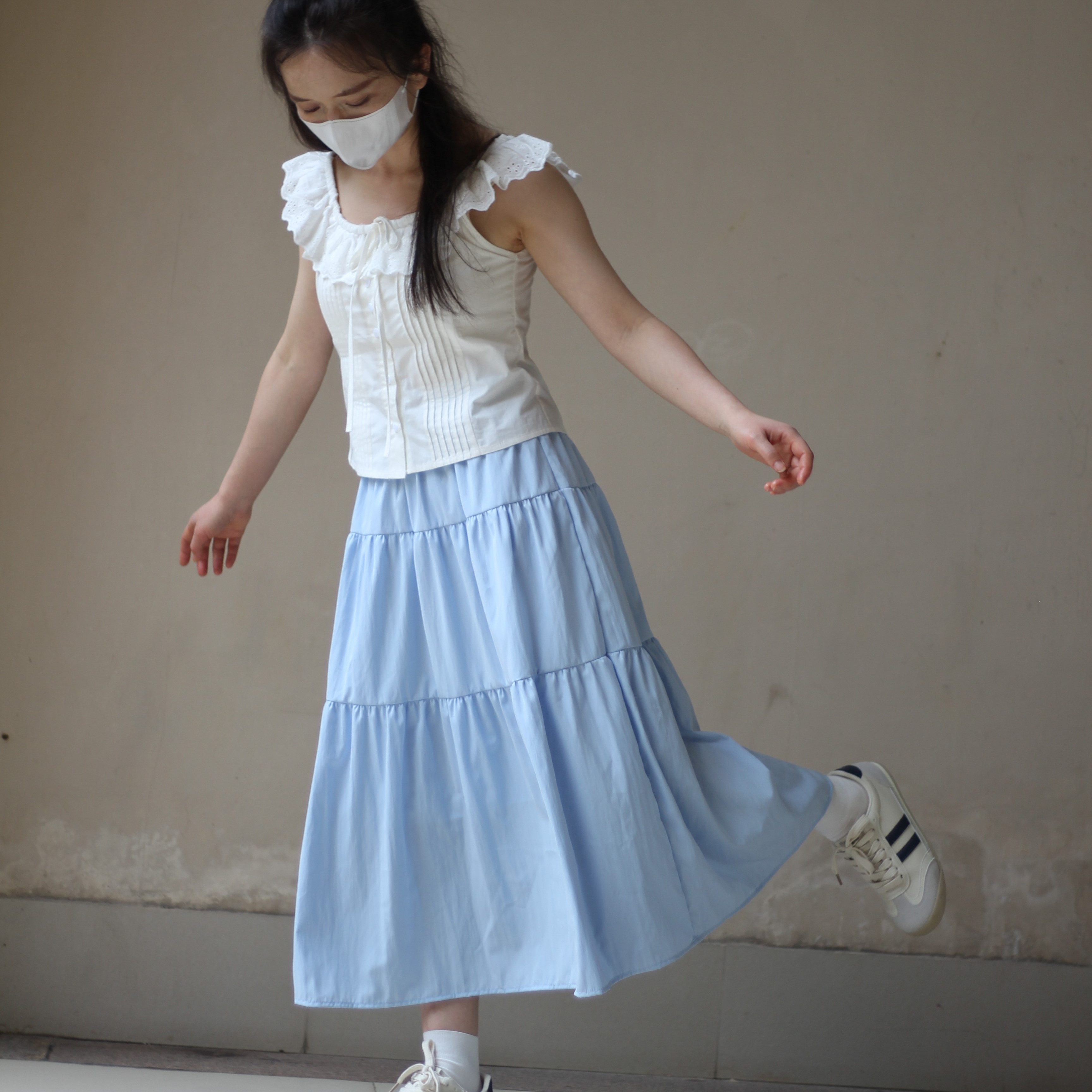 小个子高腰蓝色蛋糕裙夏季半身裙