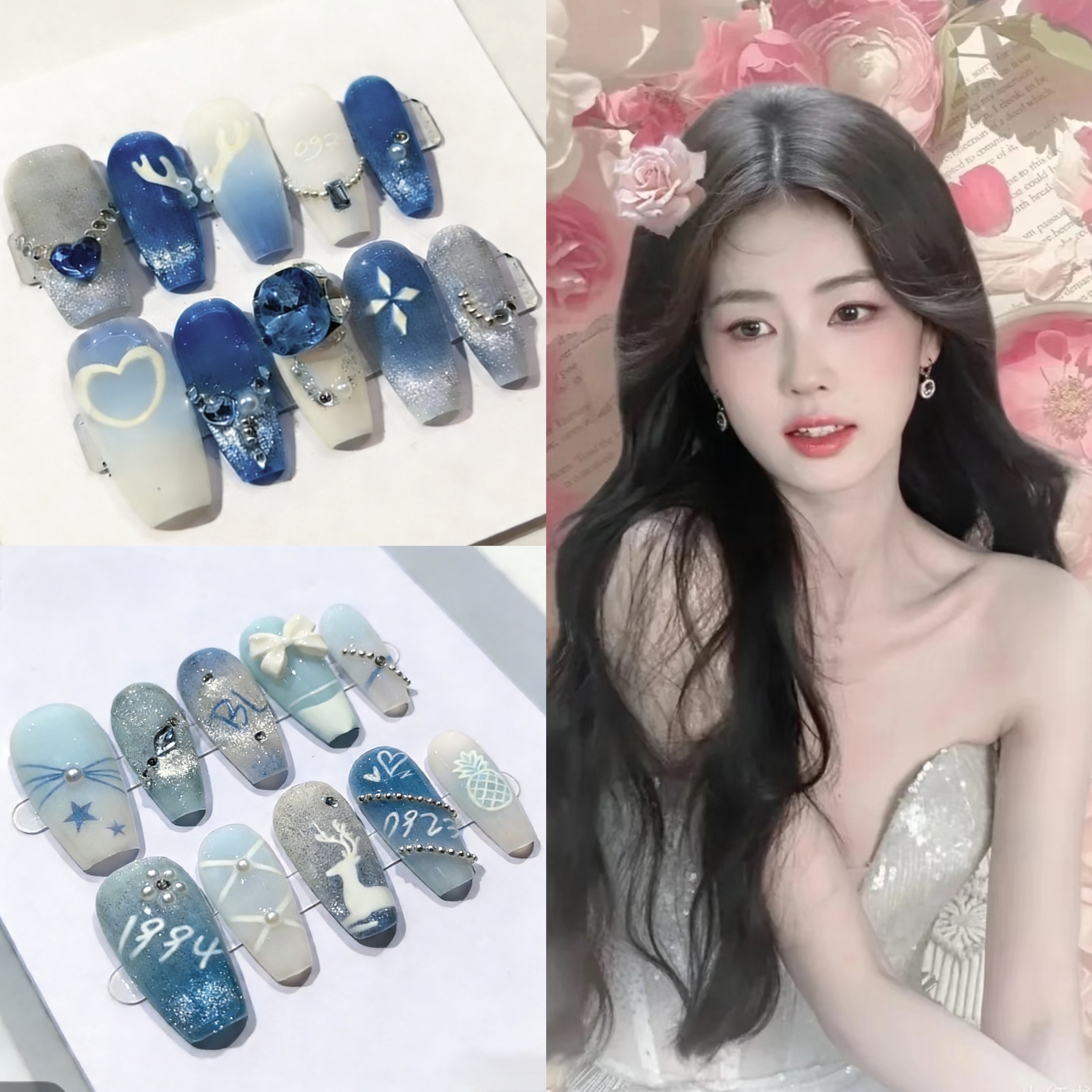 白鹿应援穿戴甲蓝色猫眼牛奶皮肤绝世美女天仙下凡 美甲纯手绘
