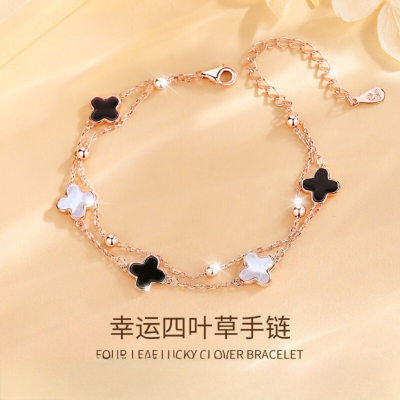 纯银四叶草手链女七夕情人节礼物