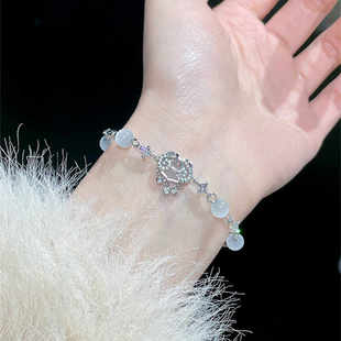 S999纯银平安锁手链女生款轻奢小众精致猫眼石手饰生日情人节礼物