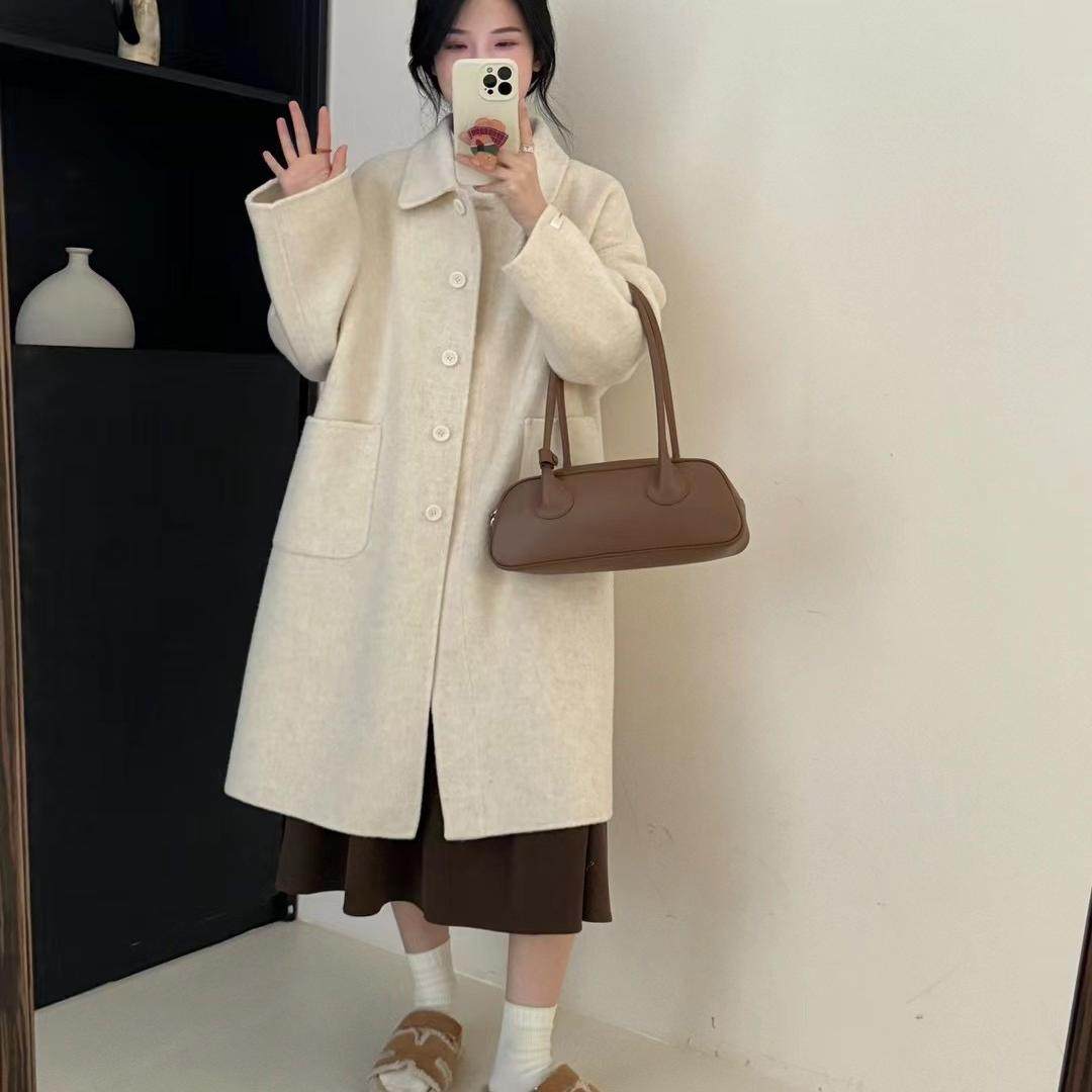 韩系骆驼绒中长款百搭双面大衣女