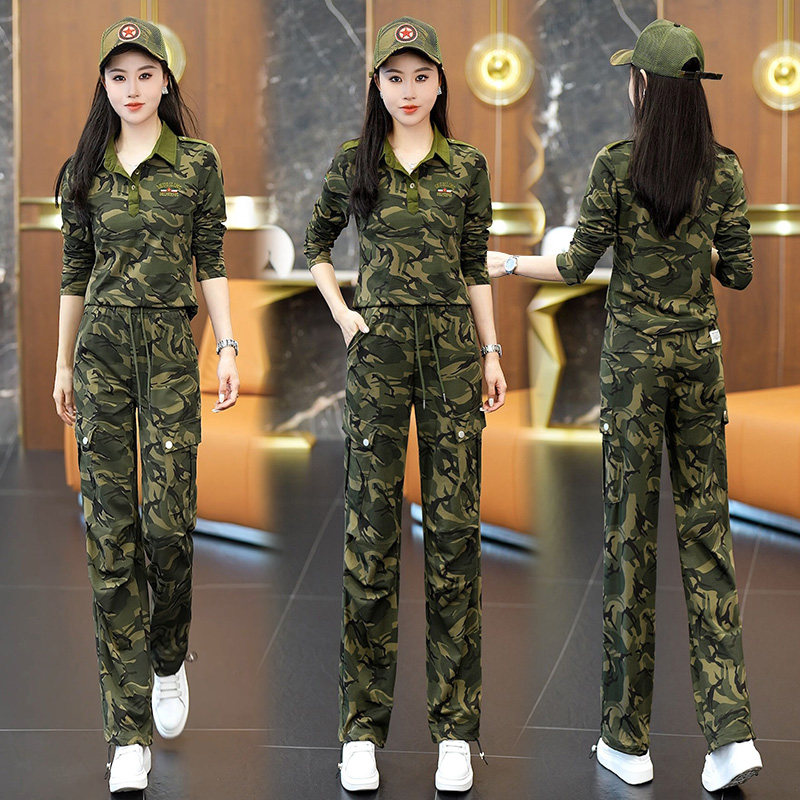 正品舒奇丽2026新款迷彩服套装女长袖长裤显瘦水兵修身演出服纯棉