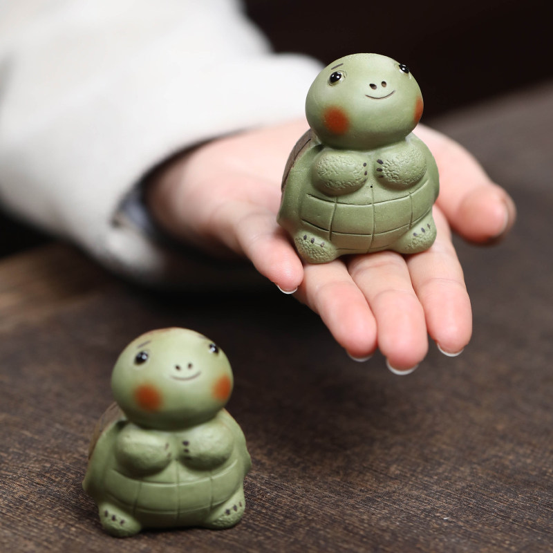 宜兴原矿紫砂茶宠乌龟小摆件小绿龟富甲一方茶具配件配件茶玩可养