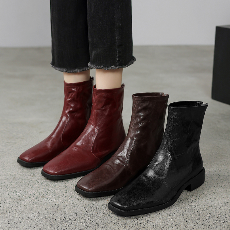 复古真皮方头低跟车缝线短靴女