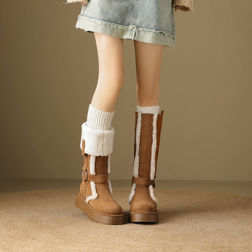 翻边毛绒雪地靴冬季厚底高筒靴