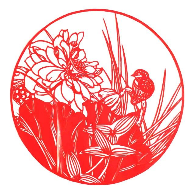 花鸟红色剪纸装饰画玻璃贴纸窗花纯手工镂空刻纸成品四幅荷花礼品