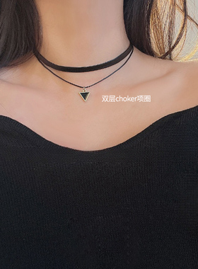 项链女双层项链项圈女颈带黑色颈链choker锁骨链女高级感简约饰品