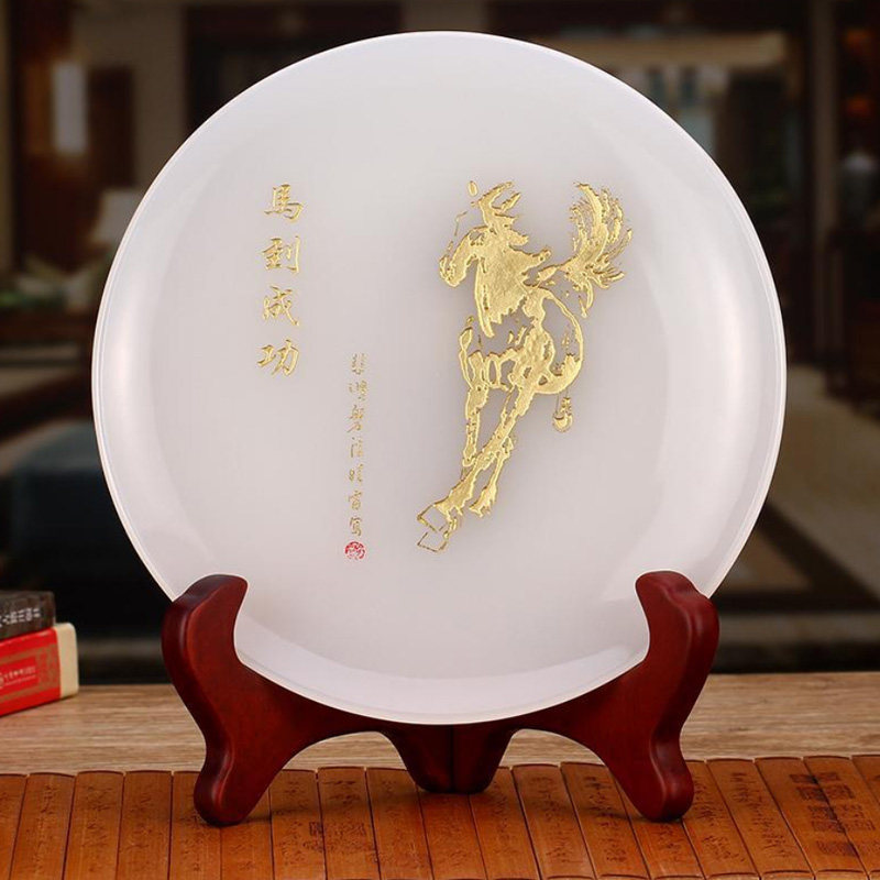 马到成功玉石圆盘摆件办公室家居客厅玄关装饰品商务馈赠定制礼品