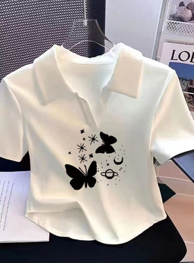 纯棉短袖2025新款夏季polo领白色女T恤休闲小众正肩上衣修身显瘦