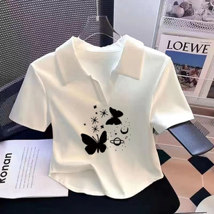 纯棉短袖2025新款夏季polo领白色女T恤休闲小众正肩上衣修身显瘦