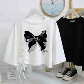 白色t恤女短袖 短款 短袖 夏季 2024新款 漂亮减龄宽松设计感印花打底