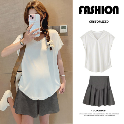 孕妇短袖时尚两件套夏季薄款上衣T恤短裤女夏小个子外穿休闲套装