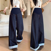 蝴蝶结卷边直筒长裤 女宽松阔腿裤 夏春秋外穿托腹休闲裤 孕妇牛仔裤
