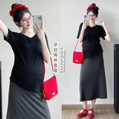 弹力莫代尔薄款 两件套时尚 t恤V领修身 短袖 半身裙 孕妇装 上衣 夏季