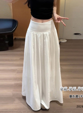 孕妇裙子夏春秋白色a字半身长裙无托腹带翻折腰大码孕期高腰伞裙