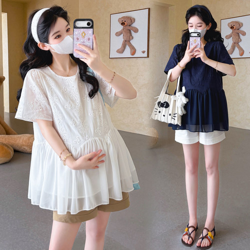 孕妇装夏季两件套外穿刺绣拼接雪纺甜美宽松娃娃衫上衣+托腹短裤